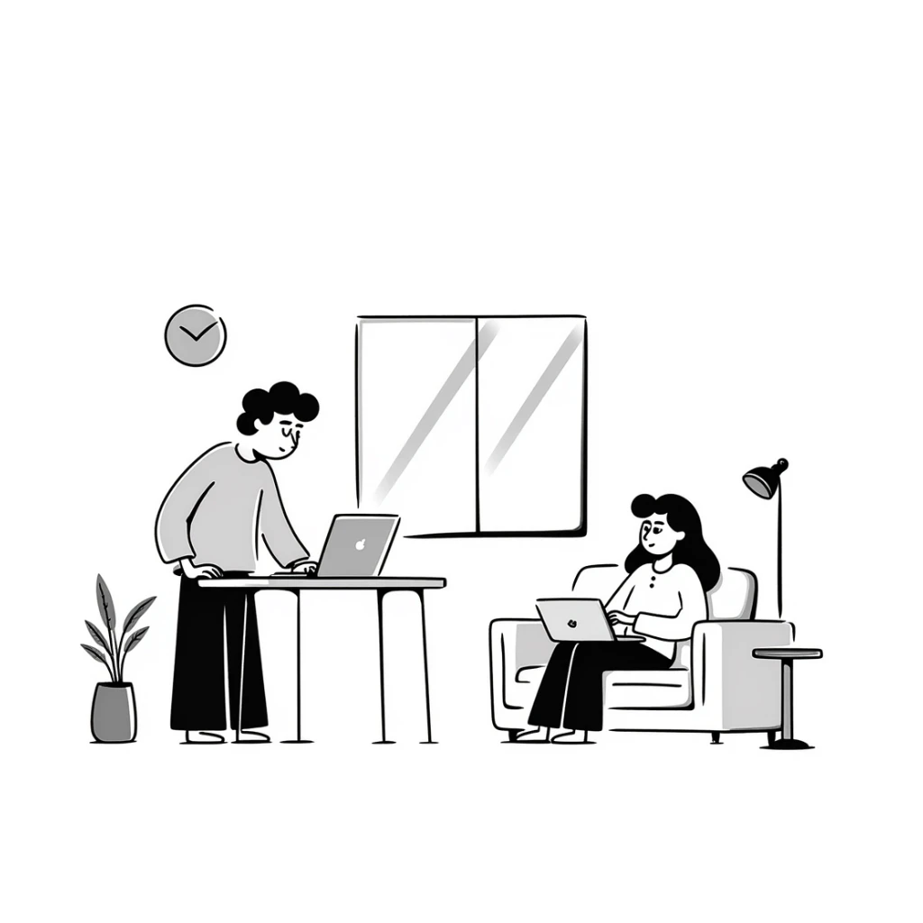 escenary 3d of a cozy mid-century living room with two people working on laptops, one man standing at a desk and one woman sitting on a couch, two walls and floor visible sticker