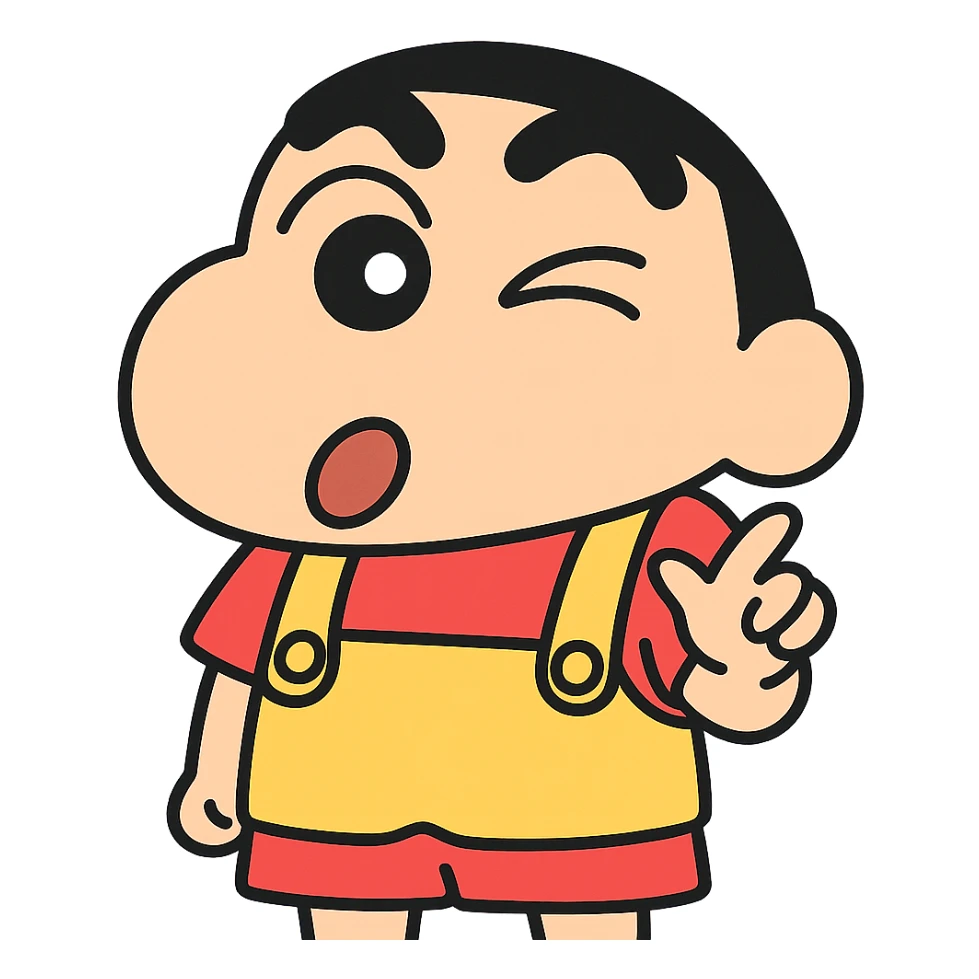 Shinchan cartoon style emoji sticker, winking expression, iconic black hair, red shorts, yellow overalls, simple solid or gradient background, 500x500px, transparent PNG, optional brief text description sticker