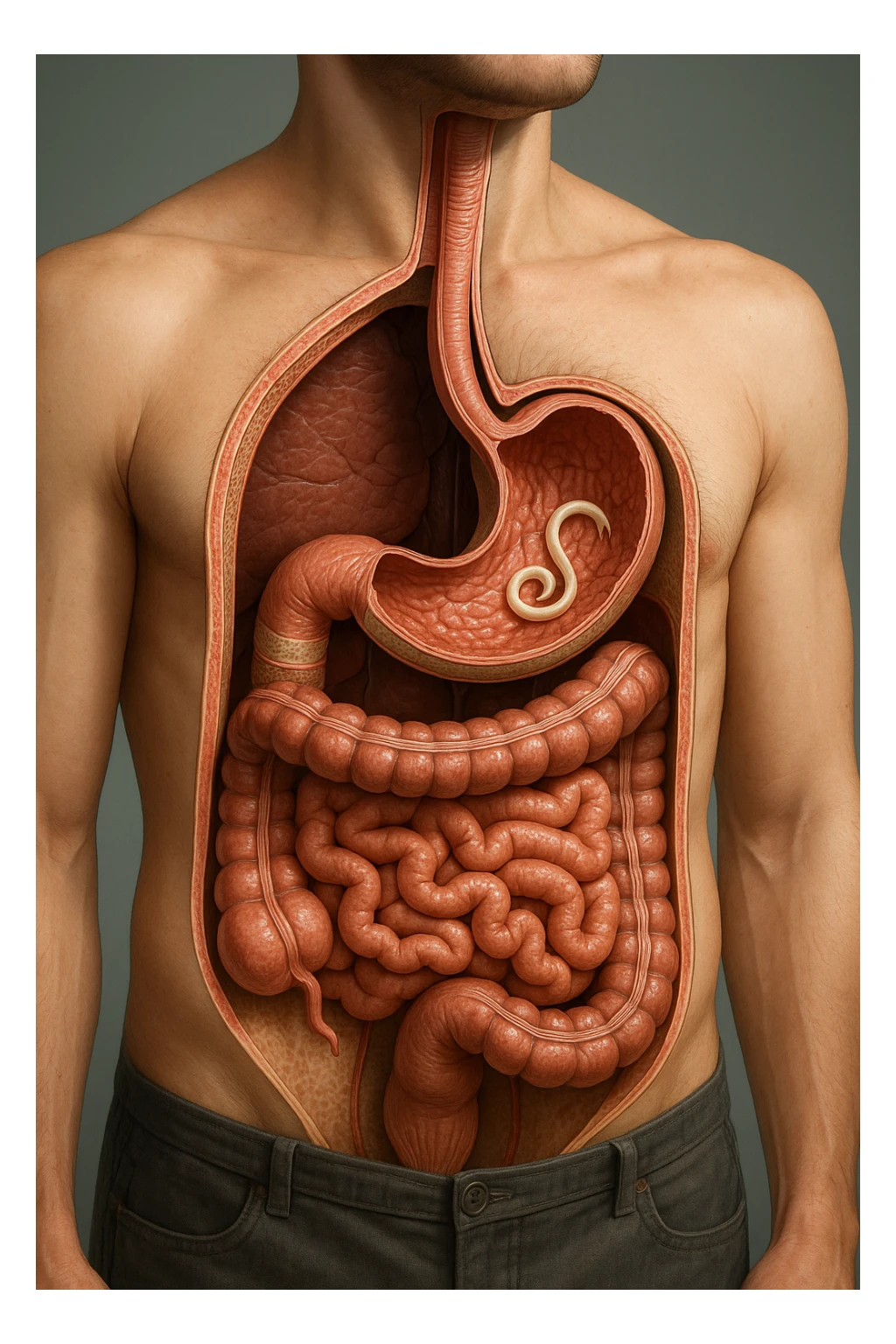 a 3D cutaway view of the human digestive tract, showing an Anisakis larva attached to the stomach or intestinal wall. in a man sticker