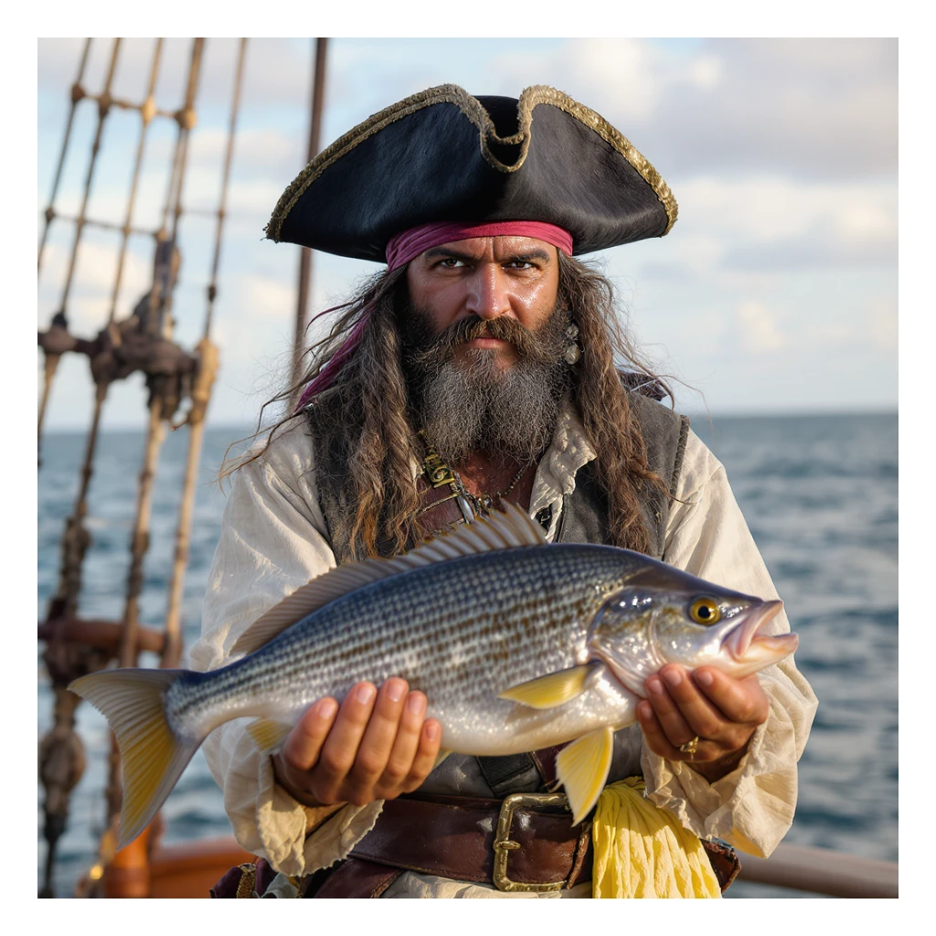 realistic pirate with a weathered face, holding a large fish, natural colors, high detail sticker