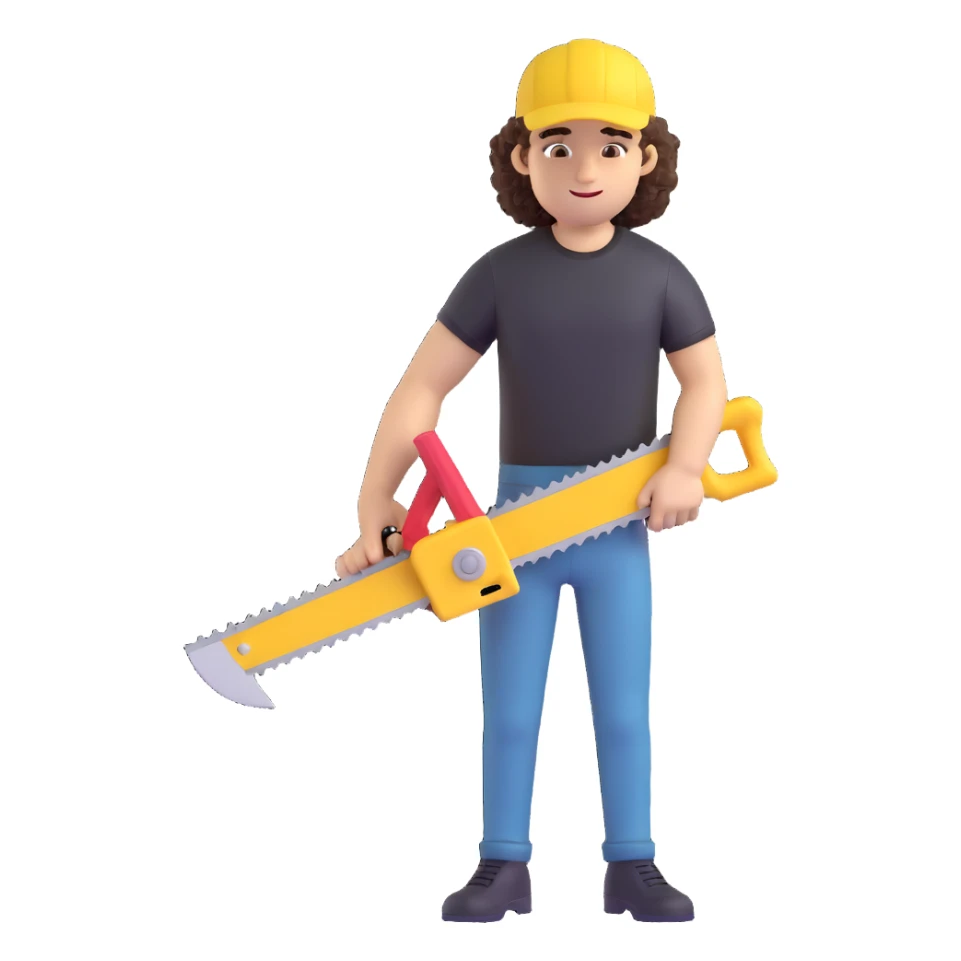create a character with a saw, cute guy, curly, in a black t-shirt and a yellow cap, in 3d sticker