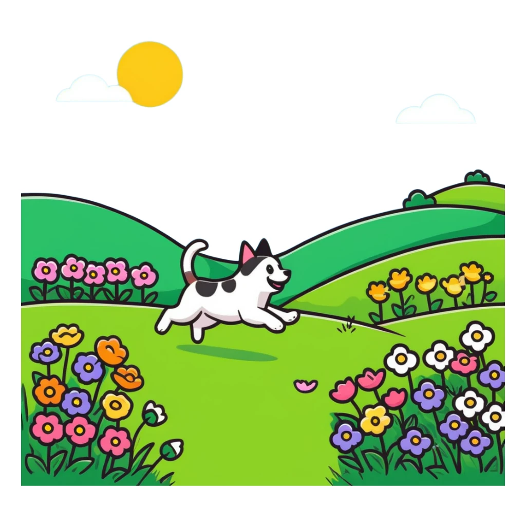 dog chasing cat in a sunny meadow with flowers sticker
