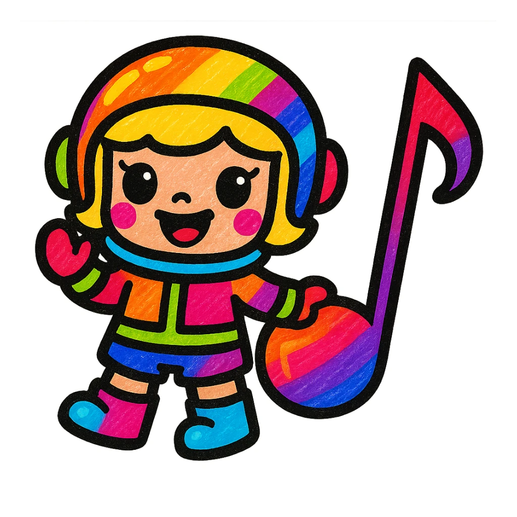 Add more vibrant colors to Popmart Space Molly as a Rednote emoji, keep playful and musical vibe, make helmet, suit, and musical notes multicolored, maintain cute cartoon style, no background. sticker