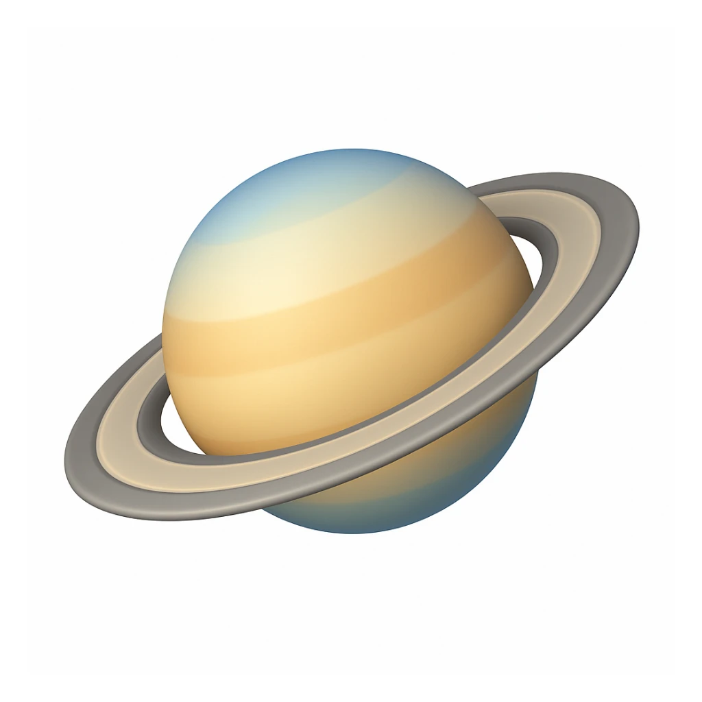 Create a Saturn emoji that looks exactly like the reference image in iOS emoji style. The emoji should be 3D with shiny, smooth gradients and soft shadows. It should depict the classic Saturn with rings, no cow, just the planet. Add a subtle highlight to the rings. sticker