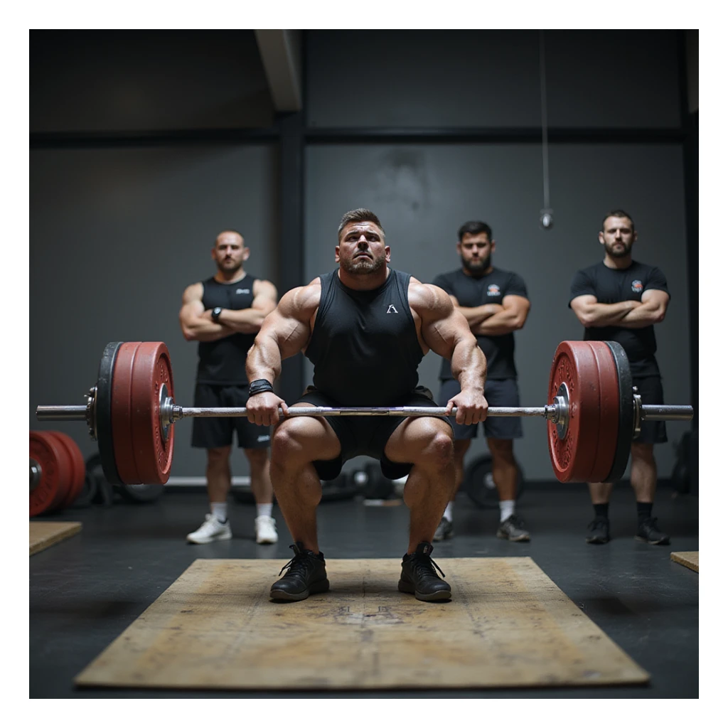 realistic powerlifter performing deadlift, observing other athletes discussing AAS in background, uncertain expression, isolated on white background sticker