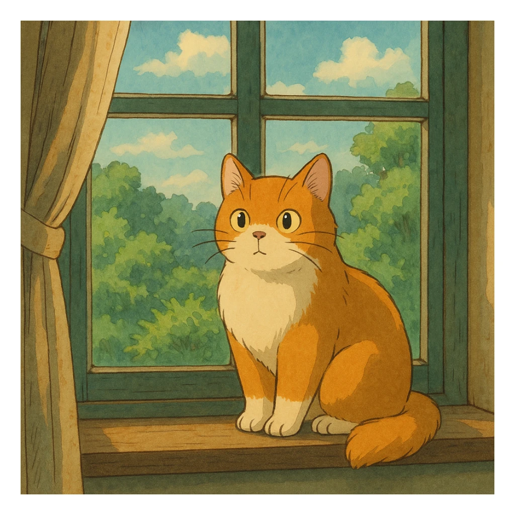 ghibli style cat sitting on a windowsill sticker