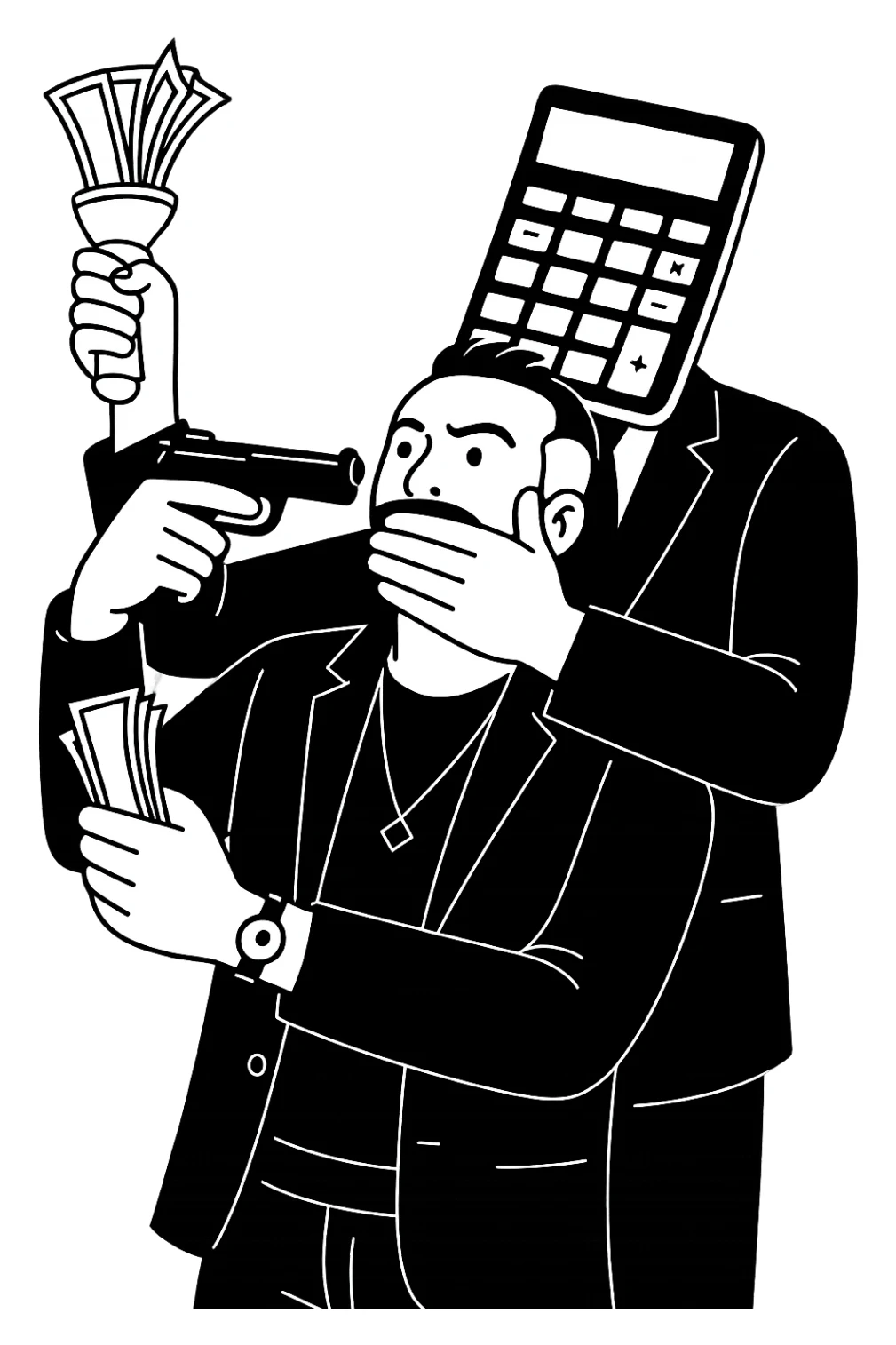 Используя такую стилистику и точно такого же героя, сгенерируй картинку. На ней позади героя стоит фигура, у которой вместо головы калькулятор, она приставила к виску героя пистолет, а другой рукой закрывает рот героя, прозрачный фон sticker