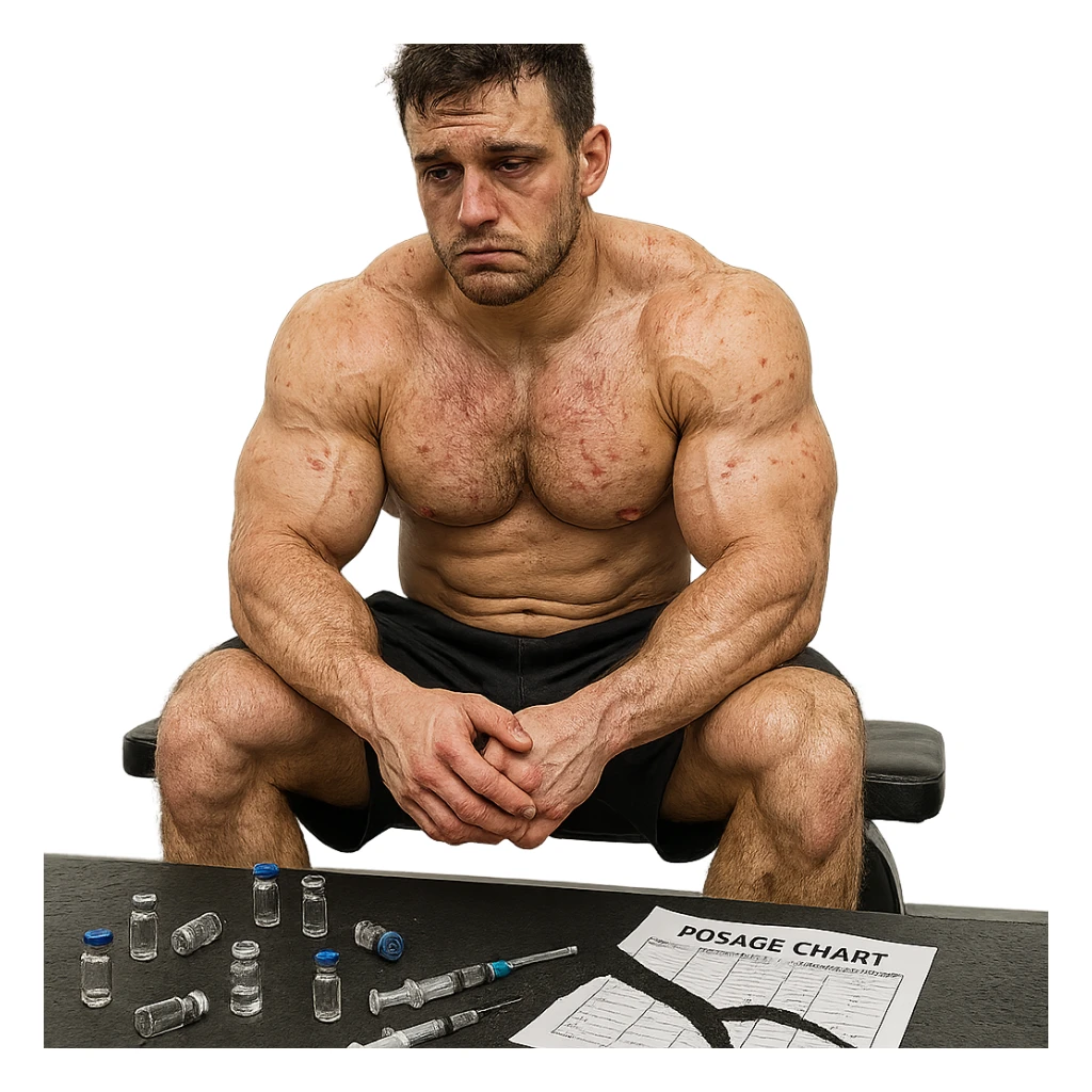 realistic muscular young man with evident side effects, sitting in gym with lost look, empty vials and syringes around, torn dosage chart, atmosphere of defeat, isolated on white background, 4K quality sticker