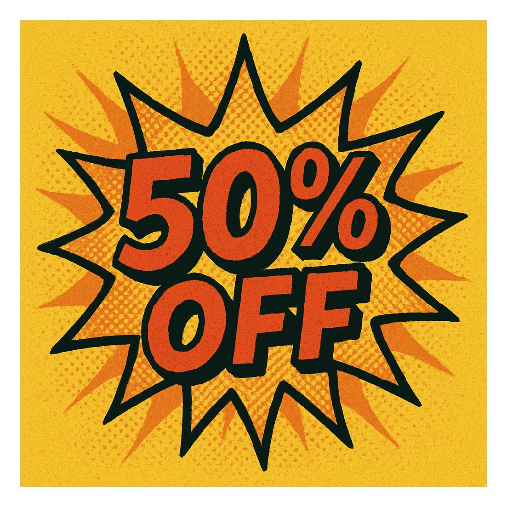 comic-style '50% OFF' burst with yellow and orange, dynamic and attention-grabbing sticker