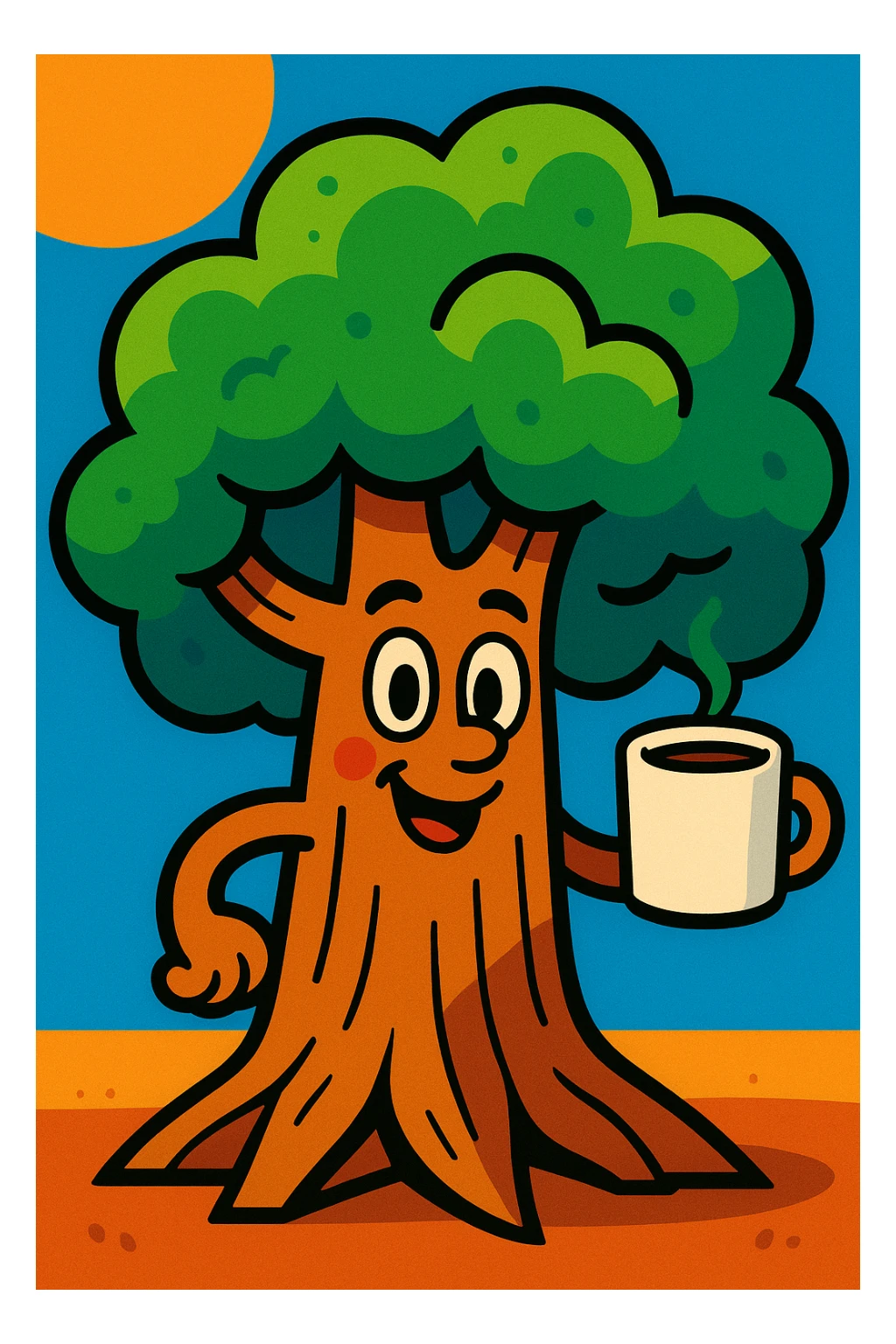 cartoon tree with a smiling face, holding a coffee mug in one branch, vibrant toon style sticker