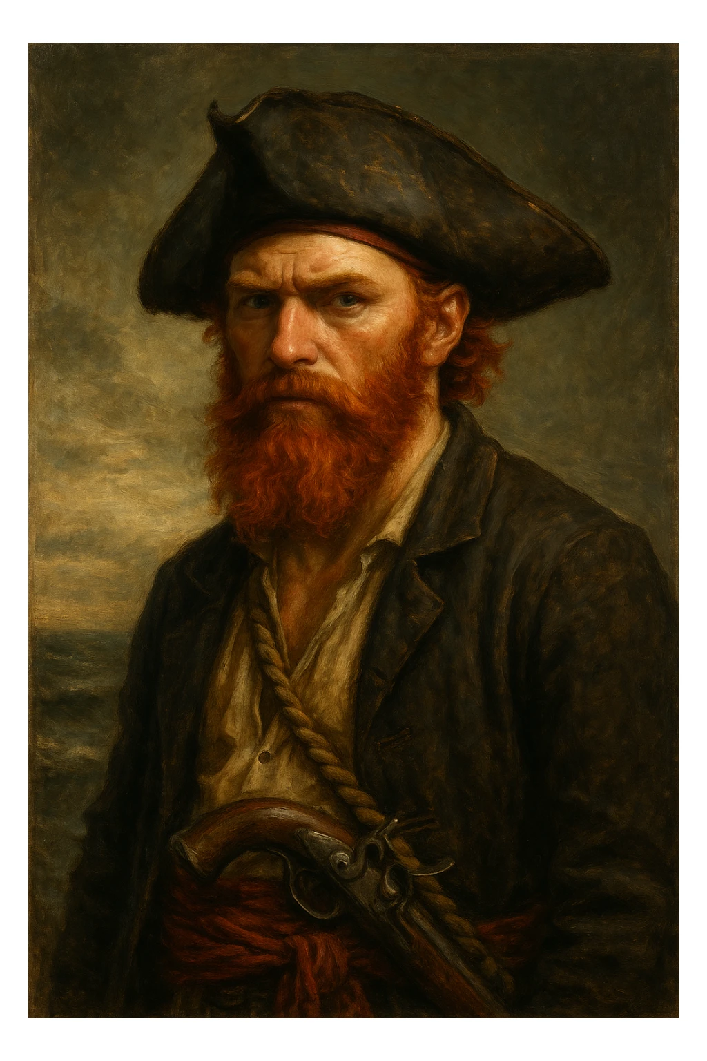 Сгенерируй мне пирата с ярко красной бородой в стиле реалистичной живописи sticker