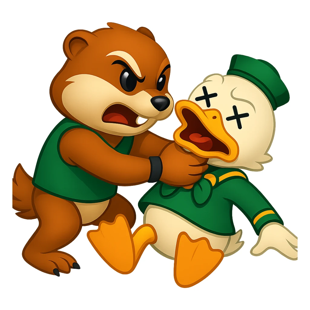 Create an intense action scene of the Oregon State Beaver mascot clearly strangling the University of Oregon Duck mascot. The style should resemble emoji style with bold, simple shapes and colors. The background should be removed, isolating the characters clearly in the image. sticker