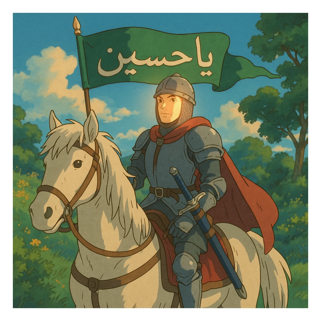 A knight with light on his face riding a horse, holding a banner with “Ya Hussein” written on it in Arabic, and holding a sword Tokijin In the sheath sticker
