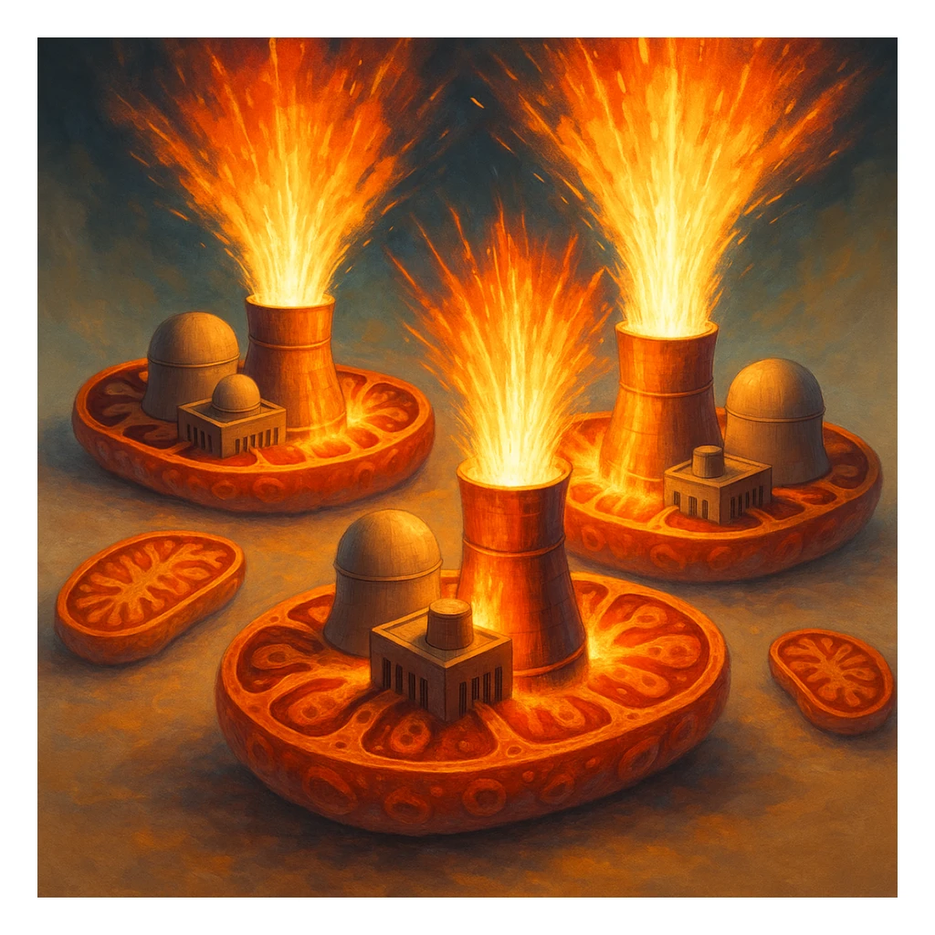mitochondria depicted as nuclear power plants with domes and reactors, spectacular energy release, vivid colors, updated DALL·E 3 style, no extraneous elements, neutral background sticker