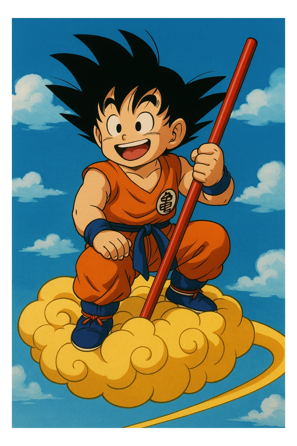 Son Goku, flying on Nimbus cloud, holding Power Pole, smiling, classic anime look sticker