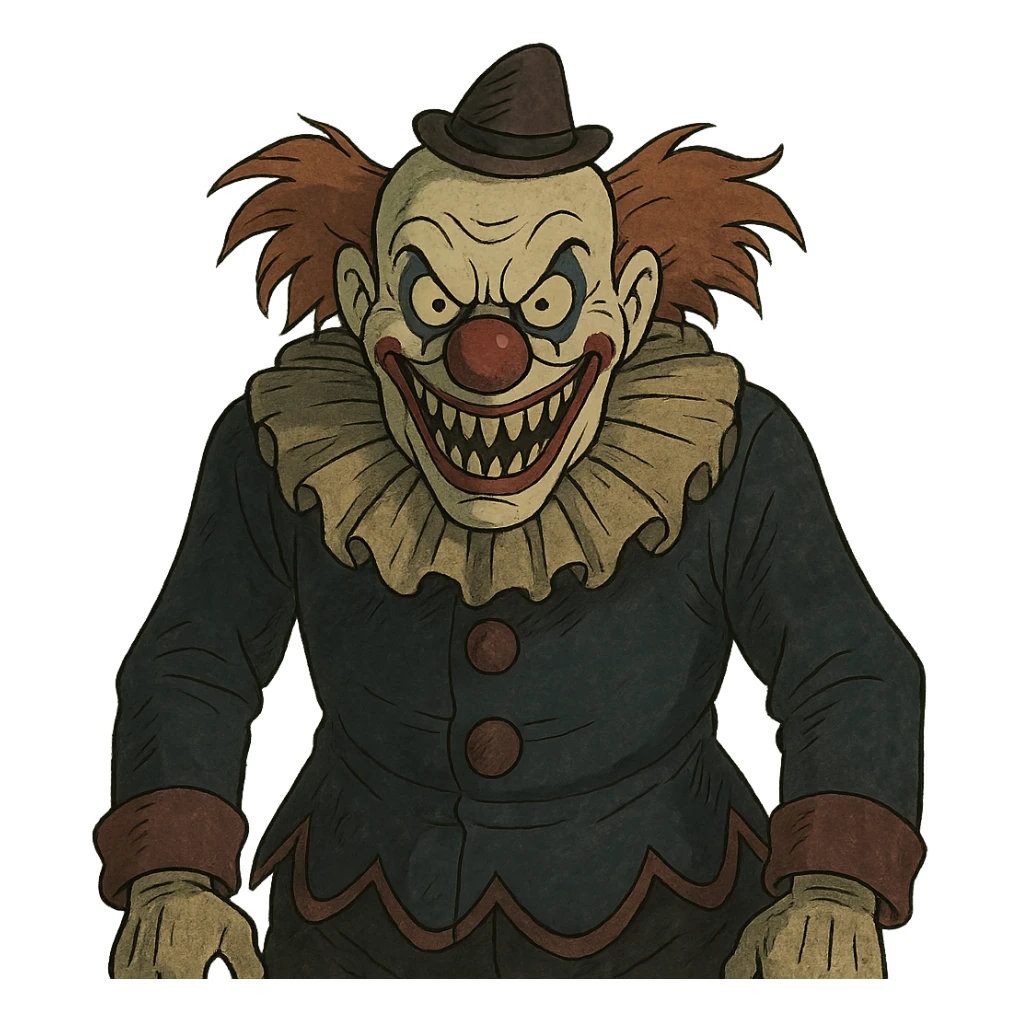 creepy clown with exaggerated features, sinister grin, dark circus theme sticker