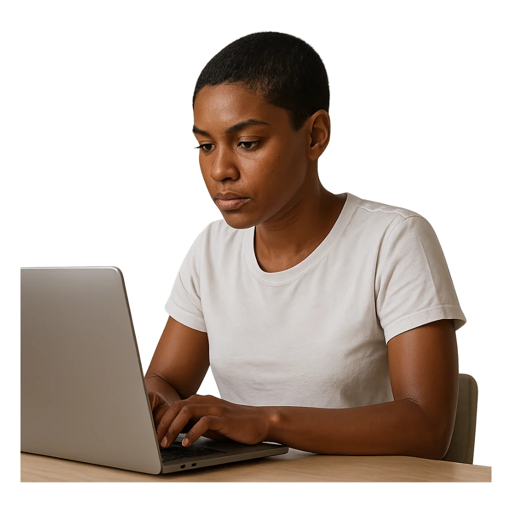 A short-haired girl with a dark complexion, white features, using a laptop, simple and clear composition, realistic style, natural lighting, detailed sticker