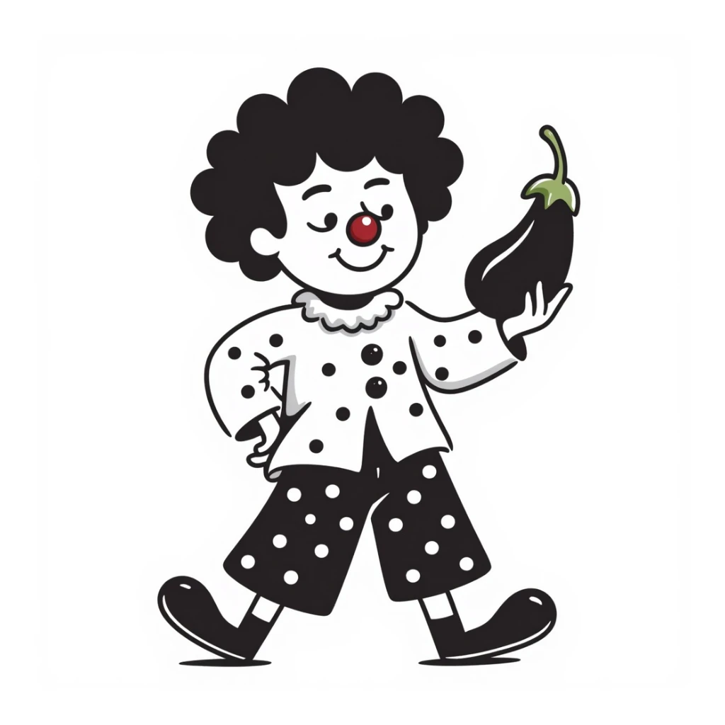 clown holding an eggplant, hand drawn doodle sticker