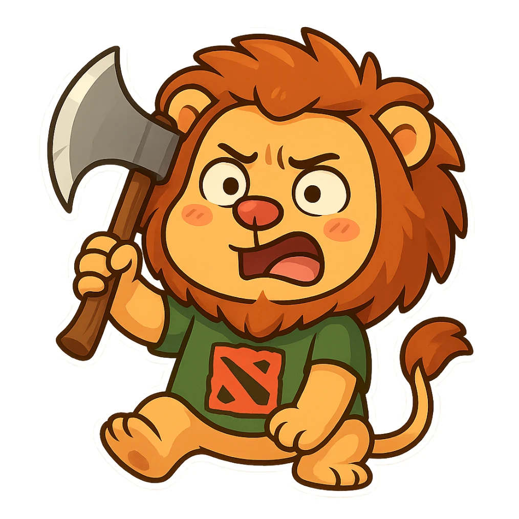 lion with human features holding an axe playing Dota, Telegram sticker style, bright colors, funny facial expression sticker