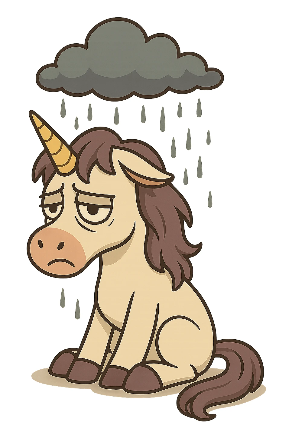 Remove the background, keep the melancholic unicorn sitting alone with a raincloud overhead, soft shading, transparent background. sticker