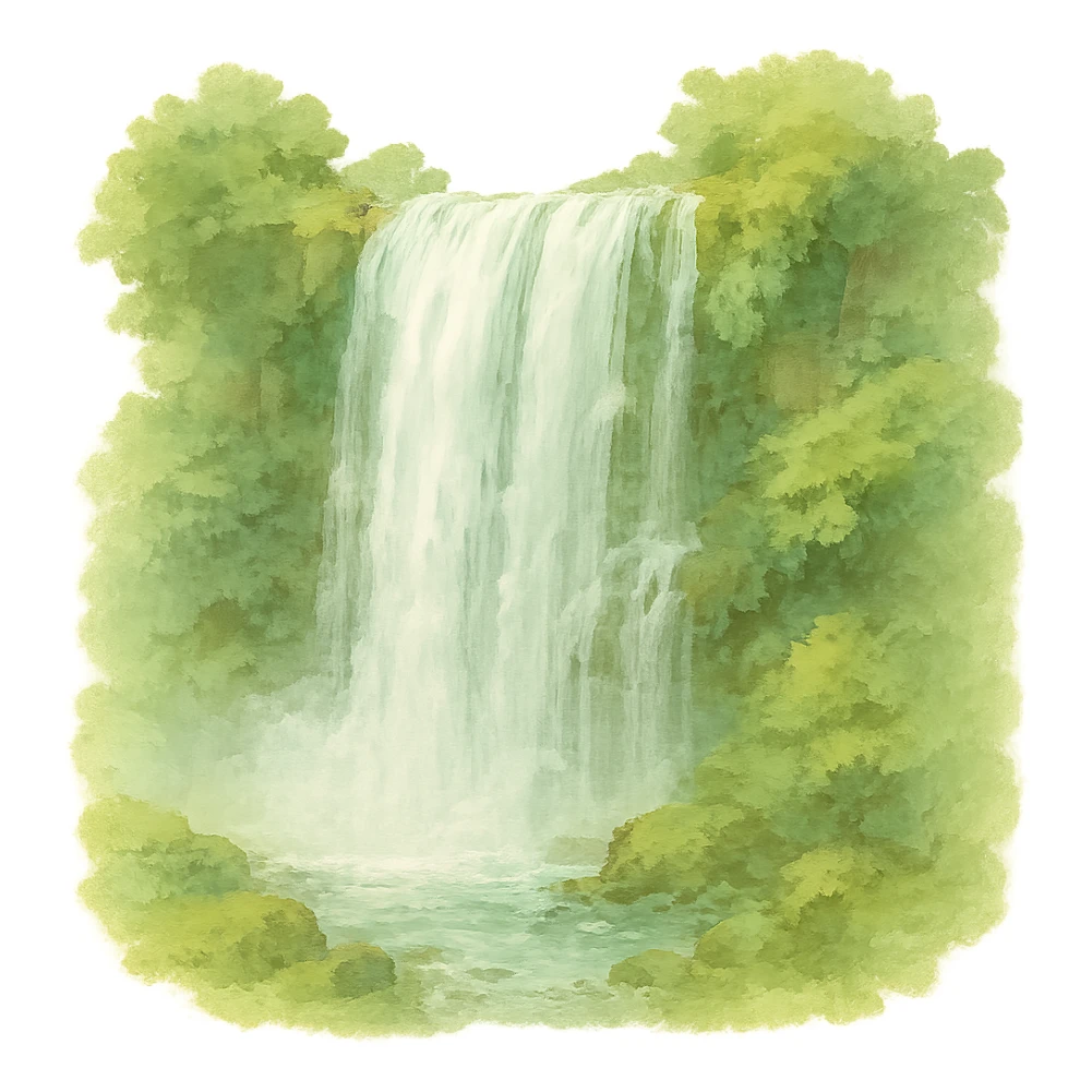 a realistic waterfall, natural colors, soft, fairy-like atmosphere, no background, square size sticker
