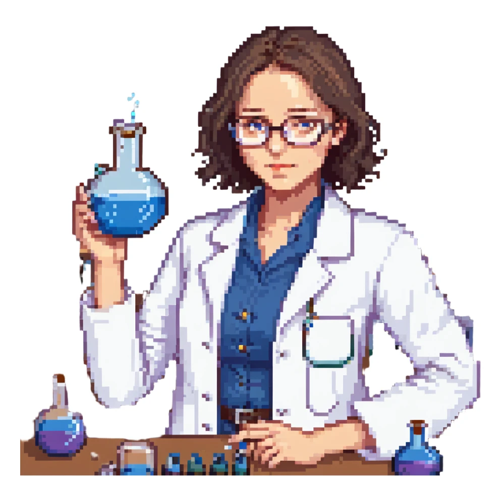 Flat pixel art, a female chemist, wearing glasses, white lab coat over indigo shirt, focusing on lab experiment, holding a flask in her right hand, waist-up, front-facing sticker