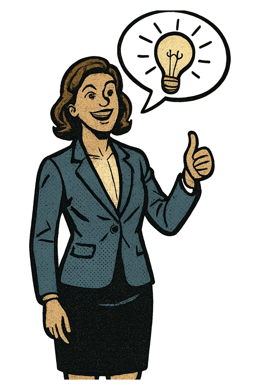 cheerful businesswoman standing with a comic-style speech bubble above her head showing an idea, dynamic and expressive sticker