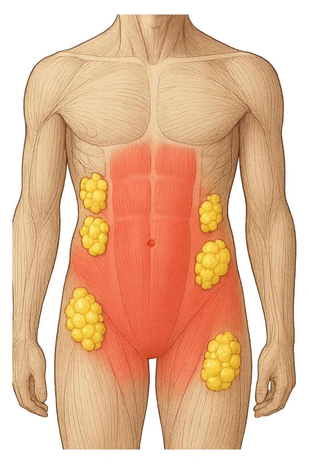 corpo umano anatomico con addome e fianchi segnati in rosso, grappoli di cellule adipose gialle su fianchi e addome sticker