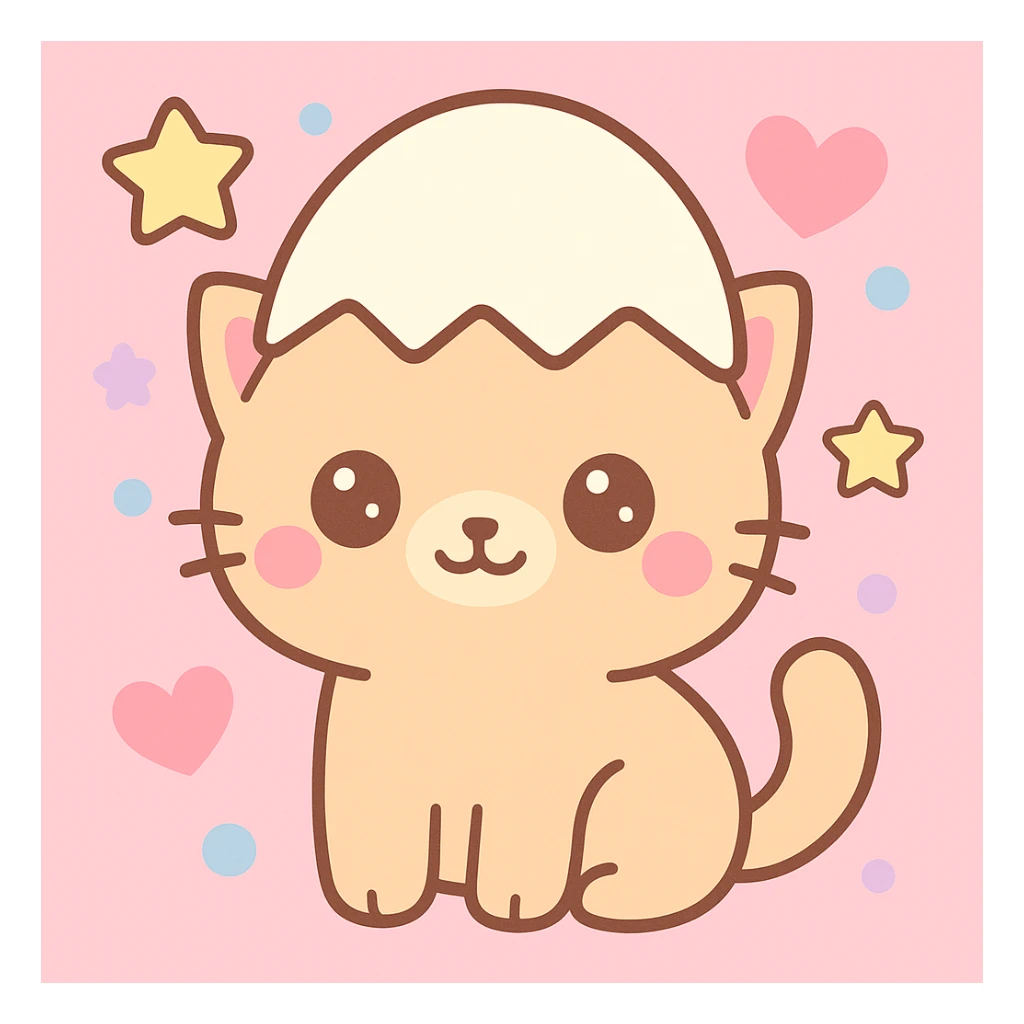 Add a playful, colorful background behind the adorable kitten with an egg hat, in kawaii style. sticker