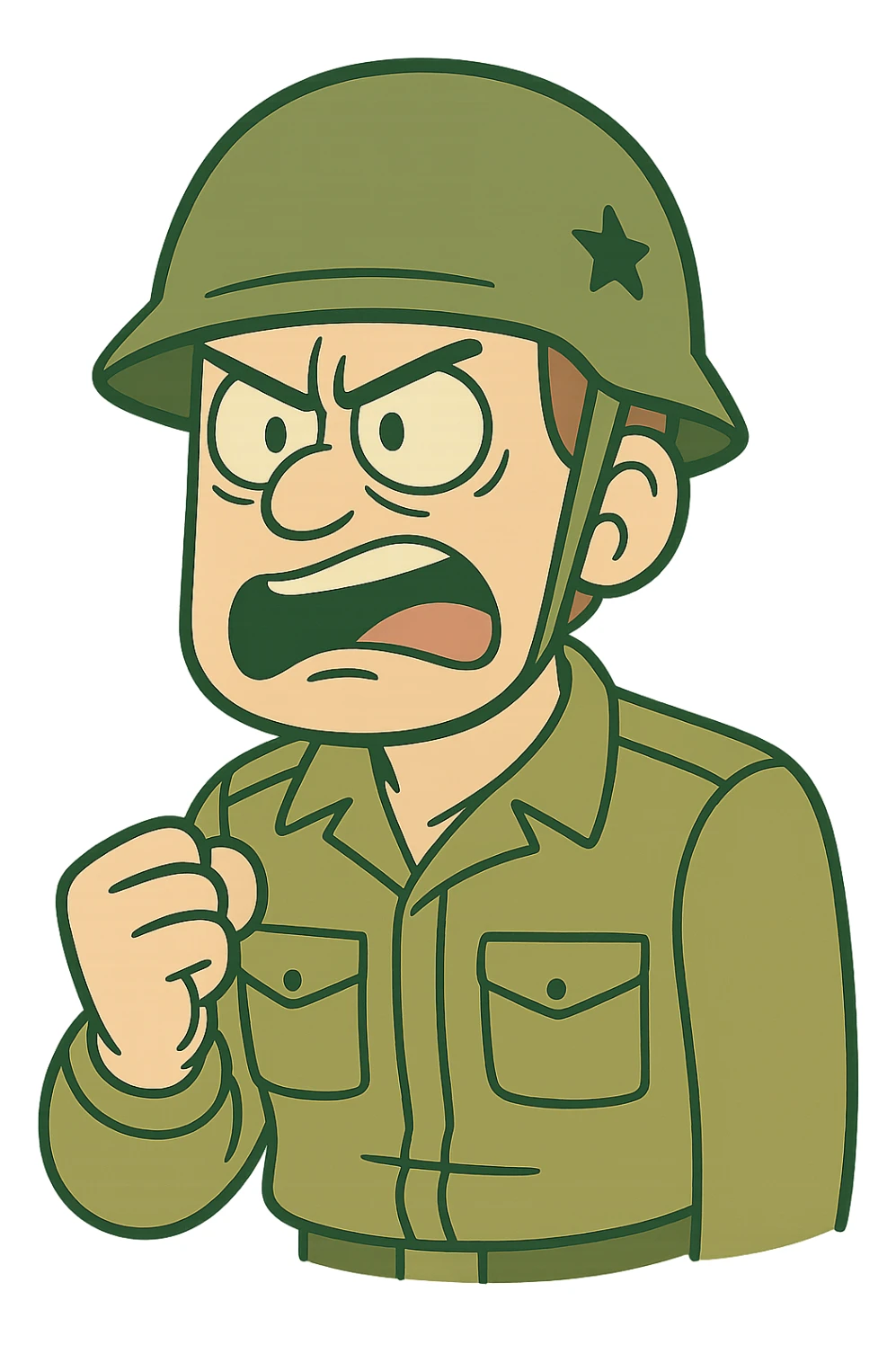 WW2 commander helmet, stylized cartoon, bold lines, green color sticker