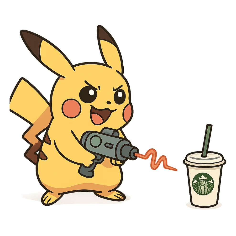 fun and whimsical Pikachu with a shrinking ray pointed at a Starbucks cup sticker