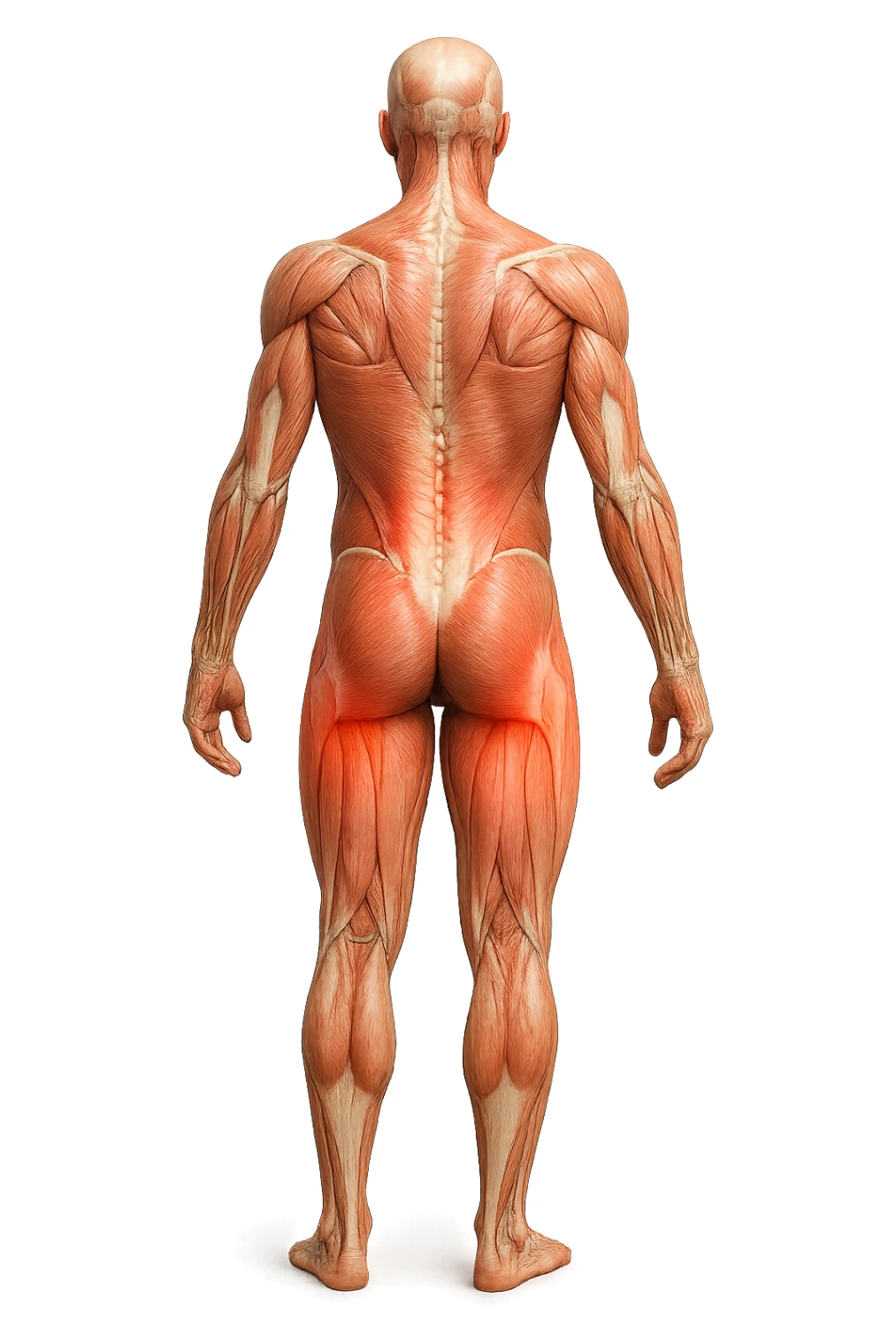 CORPO UMANO ANATOMICO A FIGURA INTERA REALISTICO DI SPALLE CON DOLORE ALLA LOMBARE INFIAMMATA, DOLORE ALL'ANCA, IPERREALISTICO 4K sticker