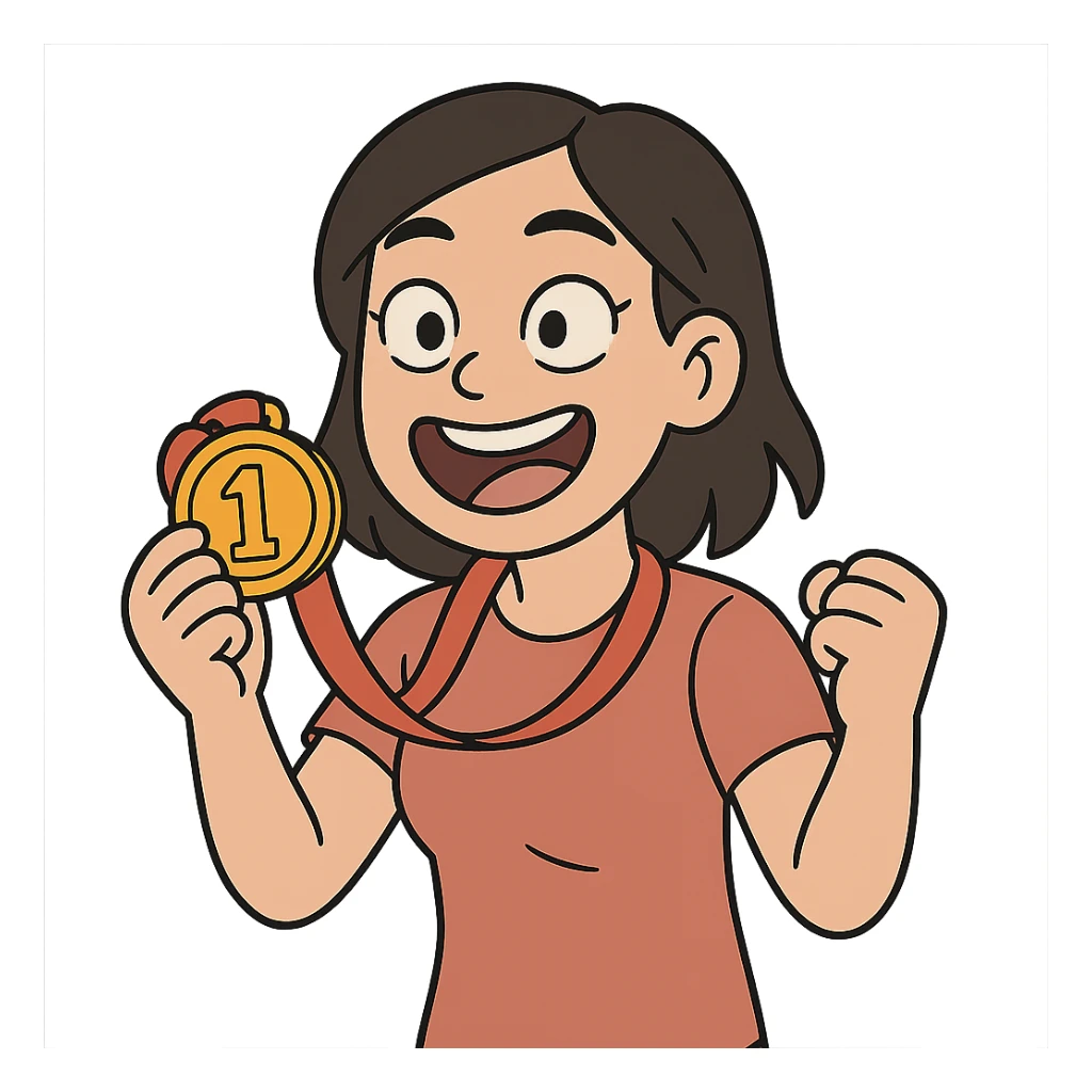 asian girl holding a medal, cartoon style, joyful expression sticker
