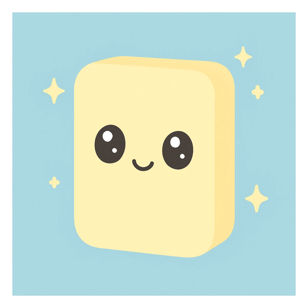 kawaii sponge with a cute face, pastel yellow, sparkles, on a soft blue background sticker