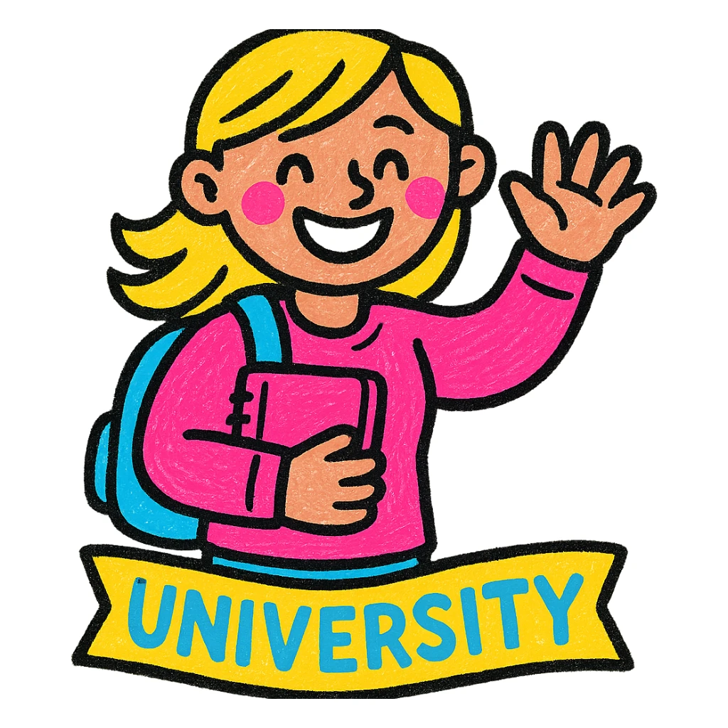 vibrant, smiling university student, energetic and cheerful, colorful style sticker