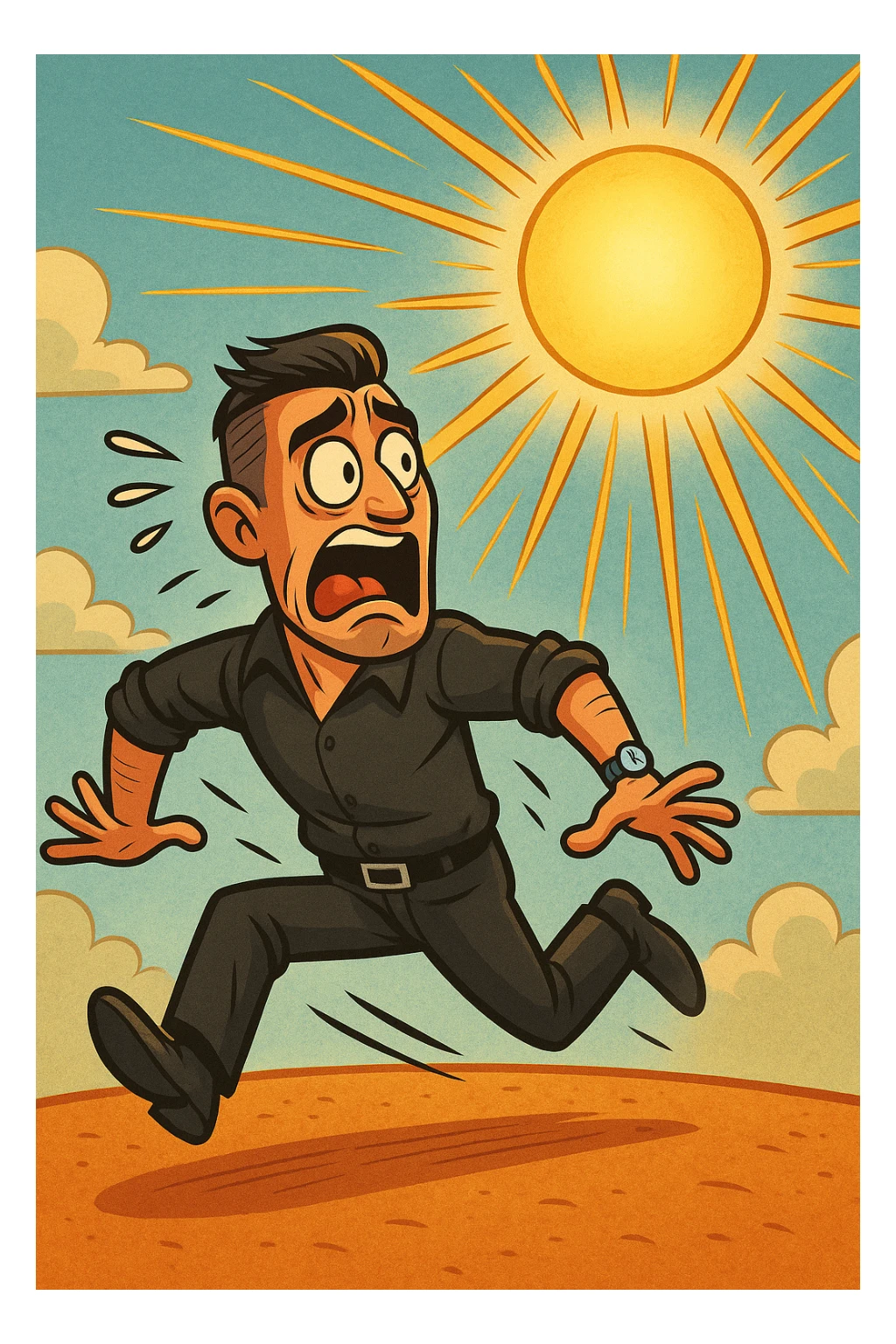 Uomo che corre via dal sole spaventato perchè pensa sia nocivo sticker