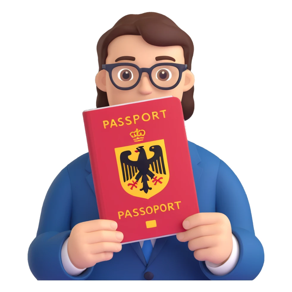 confident person with a German passport and integration motifs, modern and official, app icon, 3D style sticker