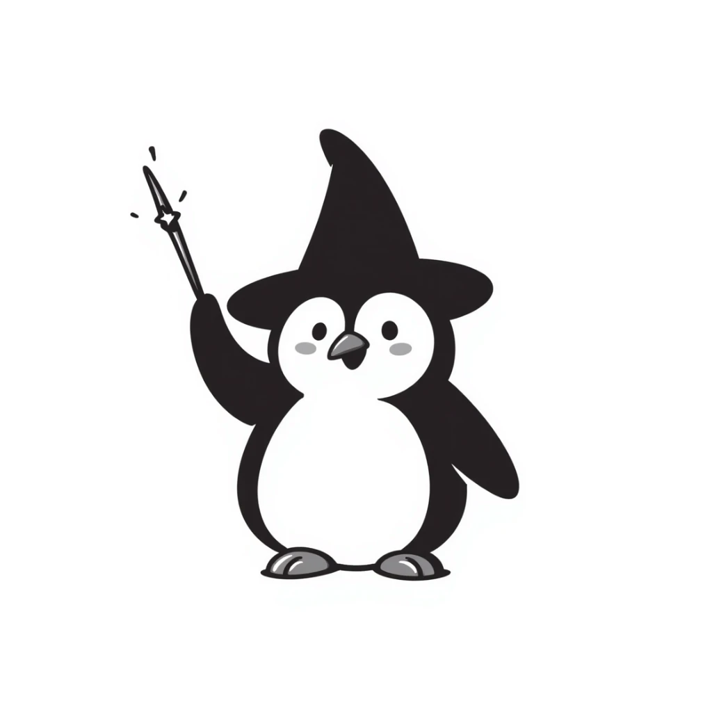 a cute penguin wizard with a pointy hat and a magic wand sticker