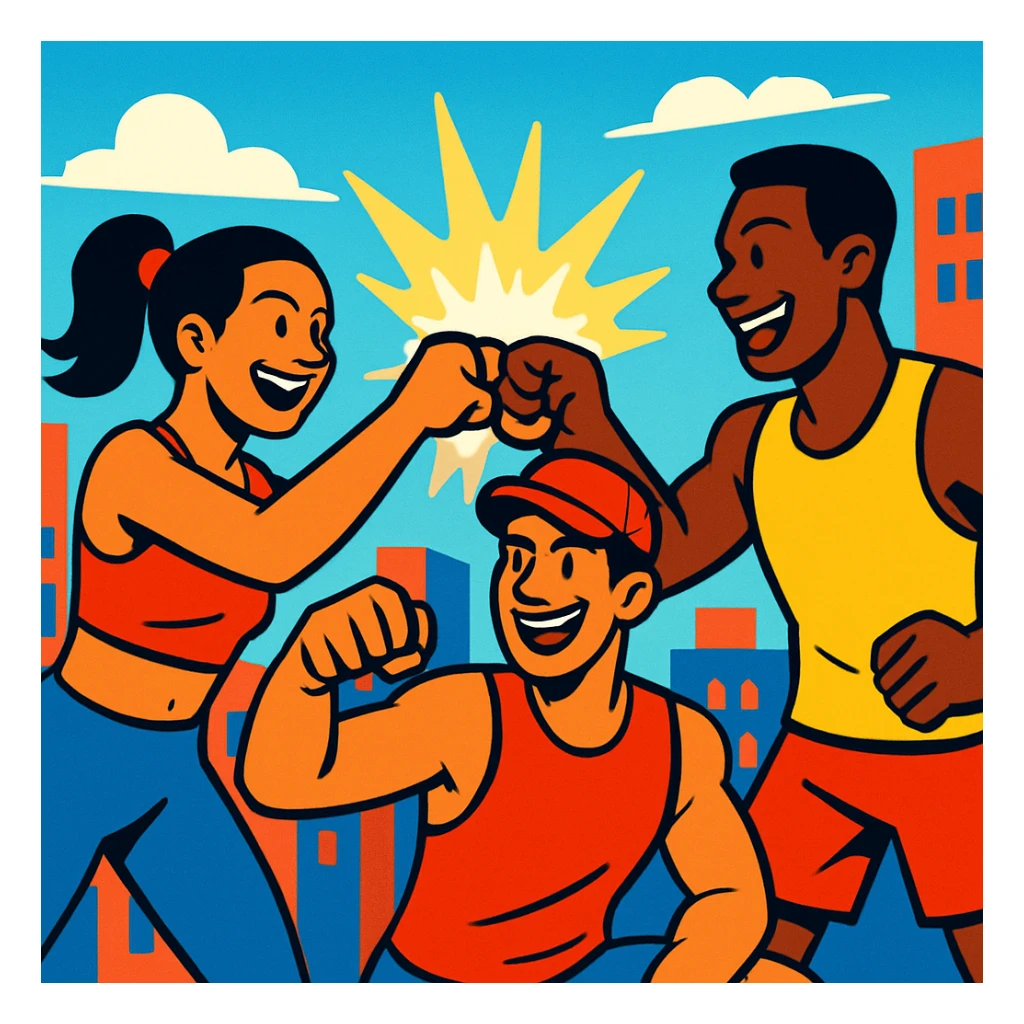 Three athletic friends, mid-fist bump, glowing energy effects, urban cartoon style, bold and vibrant color palette, energetic fitness mood. sticker