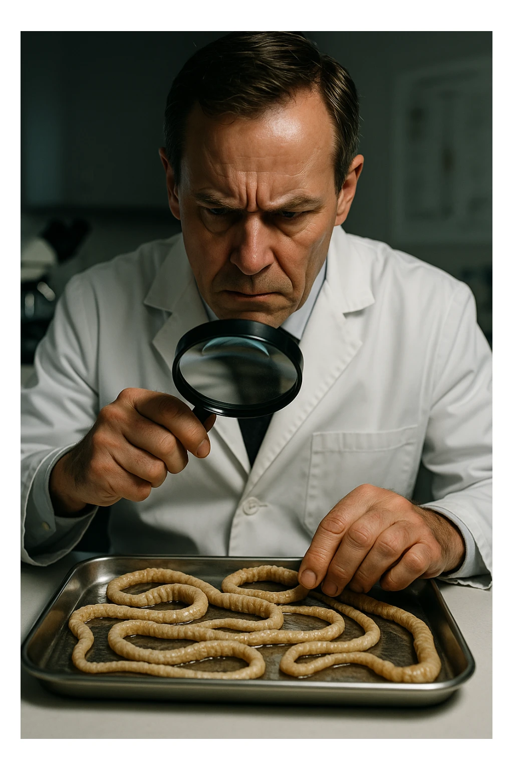 A middle-aged male kinesiologist wearing a pristine white lab coat, intensely analyzing long, beige tapeworms (like Taenia) under a magnifying glass. His expression is focused and slightly concerned, with dramatic studio lighting casting sharp shadows. The parasites are highly detailed, moist, and textured, stretched across a sterile metal tray. The background is blurred but suggests a clinical environment—hints of a microscope, medical charts, and clean lab equipment. The style is hyper-realistic, with a cinematic contrast between the bright white coat and the grotesque, organic forms of the parasites. No sci-fi elements, just raw medical realism with a disturbing edge sticker