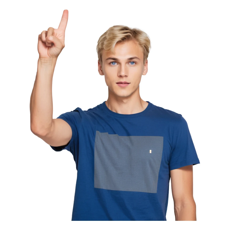 Flat pixel art, confident male leader, Caucasian, short neat blonde hair, sharp eyes, indigo T-shirt, one arm raised gicing direction, waist-up, front-facing sticker