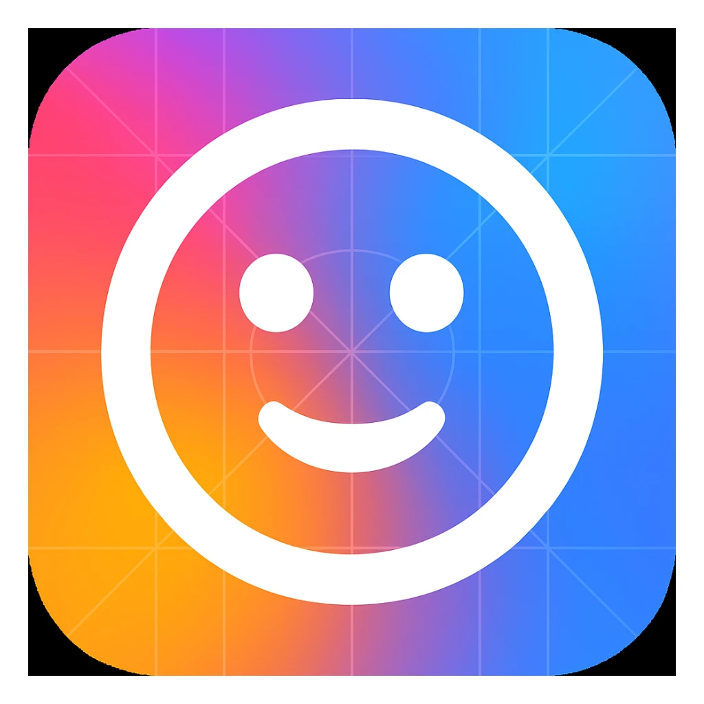 Frame 5: Background is a blend of gradient and blue, some grid lines starting to appear, smiley face unchanged (keyframe for morph animation) sticker