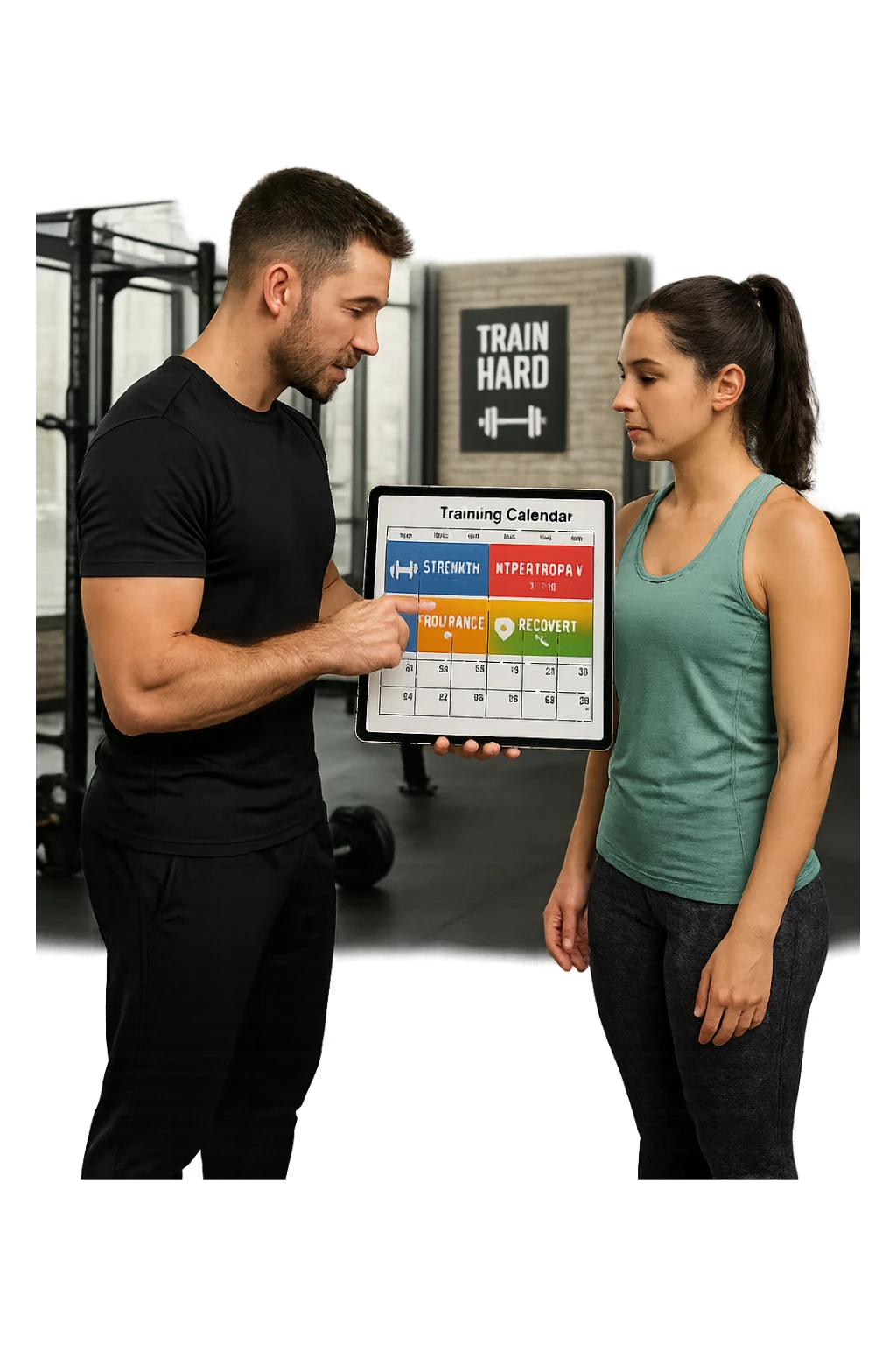 a personal trainer and a client stand in a modern gym, reviewing a large, color-coded training calendar or chart on a tablet. The calendar shows different phases (strength, hypertrophy, endurance, recovery) with icons and dates. Around them, gym equipment and motivational posters reinforce the idea of structured, periodized training. sticker