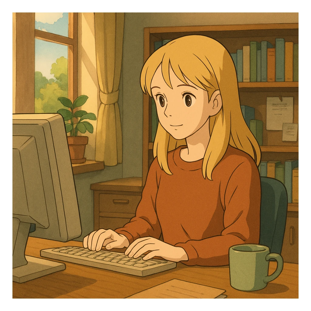brown-eyed blonde young woman working on a computer in a cozy office sticker