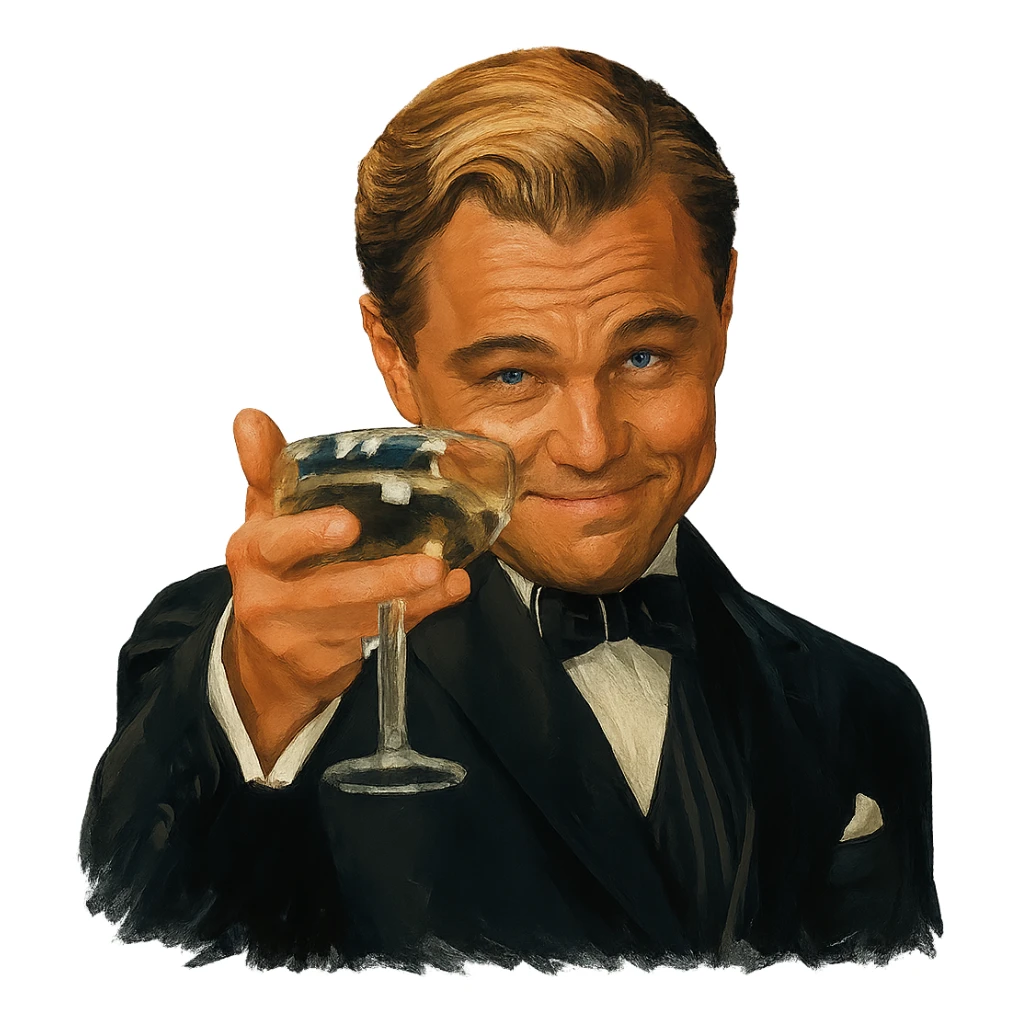 Сделай знаменитый мем с Ди Каприо из Великого Гэтсби, слегка рисованный, но при этом реалистичный объемный стиль, прозрачный фон sticker