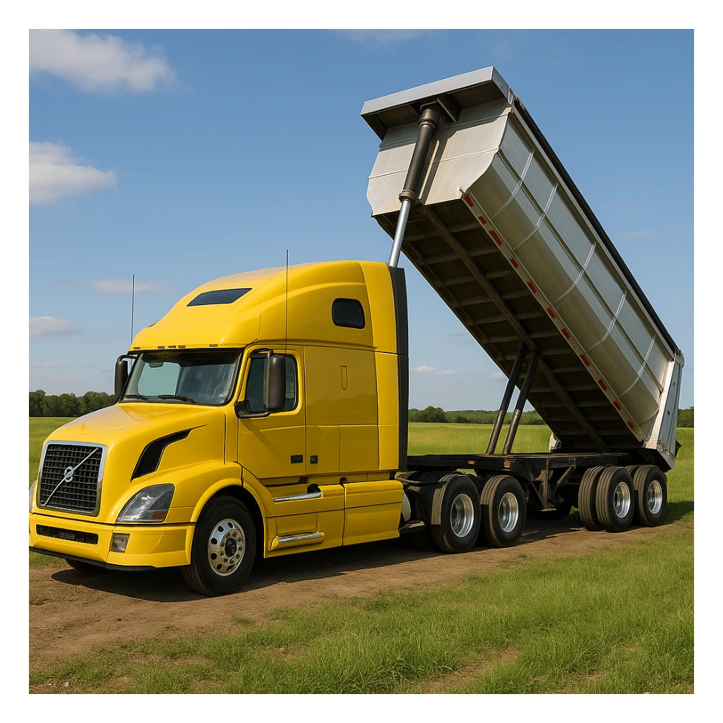 ultra-realistic Volvo yellow semi sleeper truck and silver end dump trailer, trailer tilted up as if dumping, daytime scene in a photorealistic countryside with grassy fields and blue sky, truck facing to the left sticker