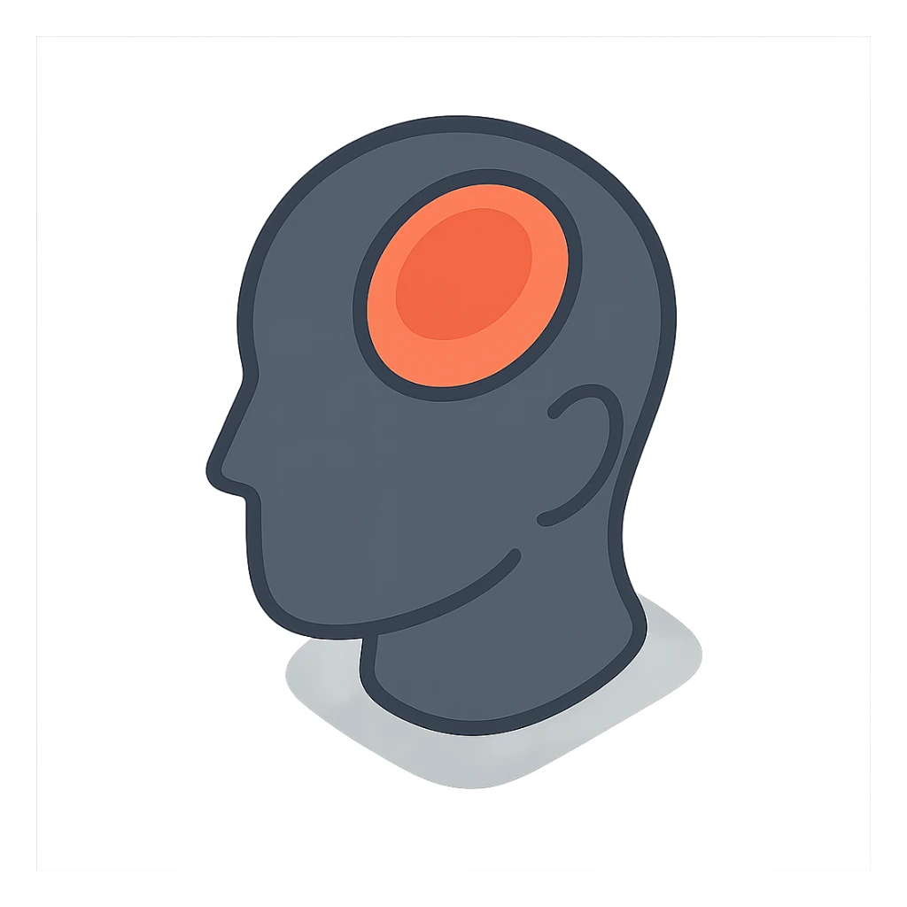 silhouette of a head with a red spot on the forehead area symbolizing headache, clear shadows and highlights, 2D isometric style sticker