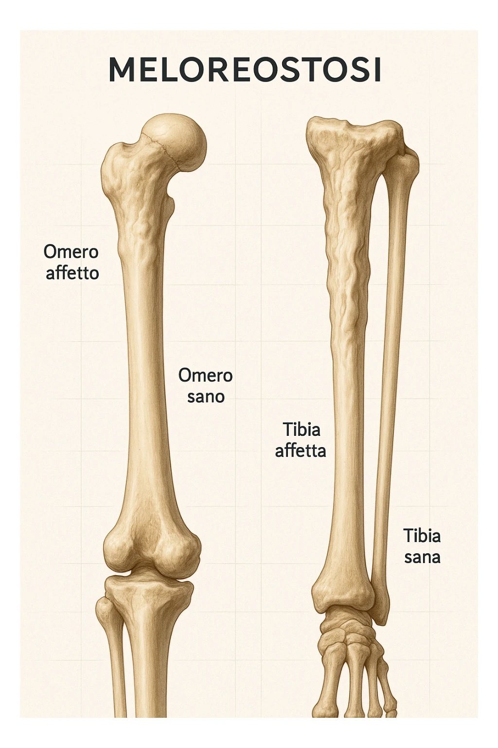 A highly realistic medical illustration focusing on a human arm and leg bones affected by melorheostosis. The bones appear visibly thickened, irregular, and larger than normal, with clear, layered bone growth resembling melted wax dripping down the side of the bones. The image shows a side-by-side comparison with a healthy bone for clarity, highlighting the difference in size and texture. The color palette includes neutral bone colors with subtle shading to show the abnormal contours and ridges. The background is clean and minimalistic, with faint anatomical grid lines for a scientific, educational feel. The overall mood is informative and precise, conveying the key visual characteristic of melorheostosis: progressive bone thickening that makes bones visibly larger and irregular. in italiano sticker