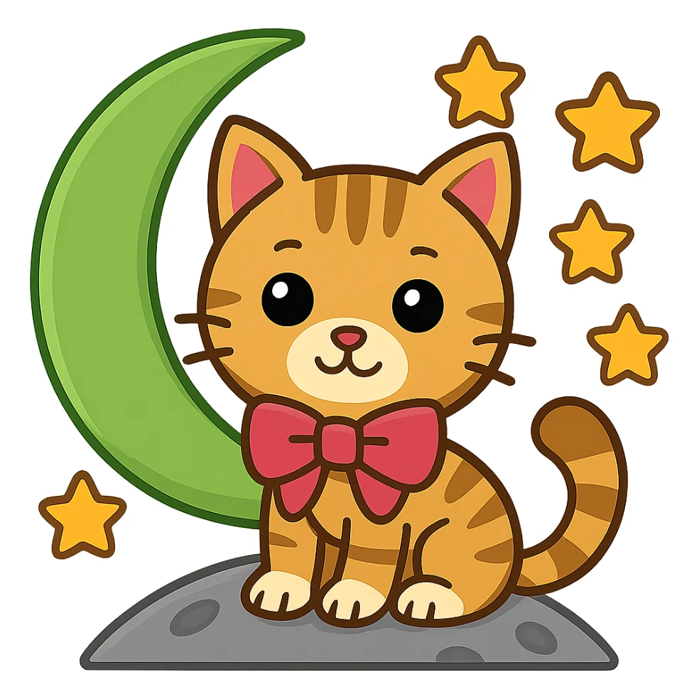 Add small yellow stars around the green moon, keep the tabby cat with pink bow, in emoji style with no background. sticker