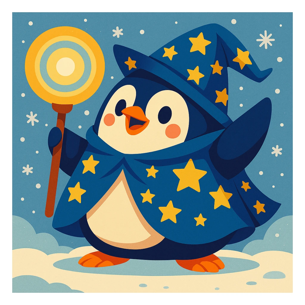 Add a snowy background to the chubby penguin wizard with a starry cloak and glowing orb, keeping the colorful and playful vibrant toon style. sticker